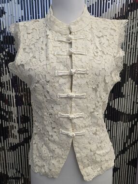 Cream Lace Mandarin-Collar Sleeveless Tank Top Size L